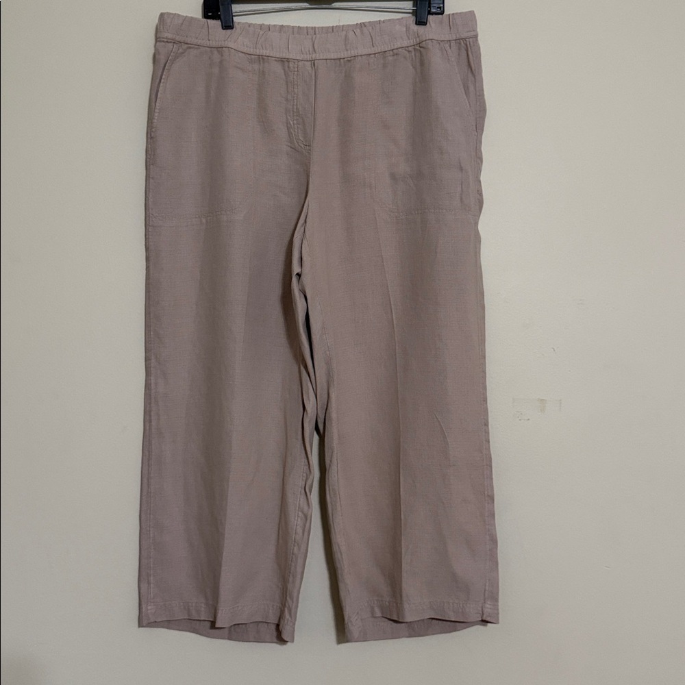 Purejill Casual Tan Wide-Leg Pants women pull on elastic waist L linen casual
